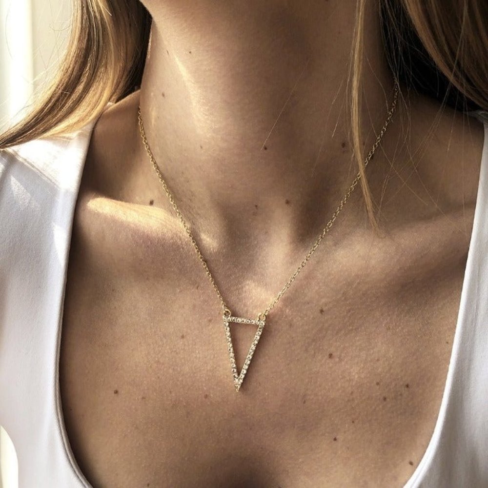 Gold rhinestone triangle pendant necklace